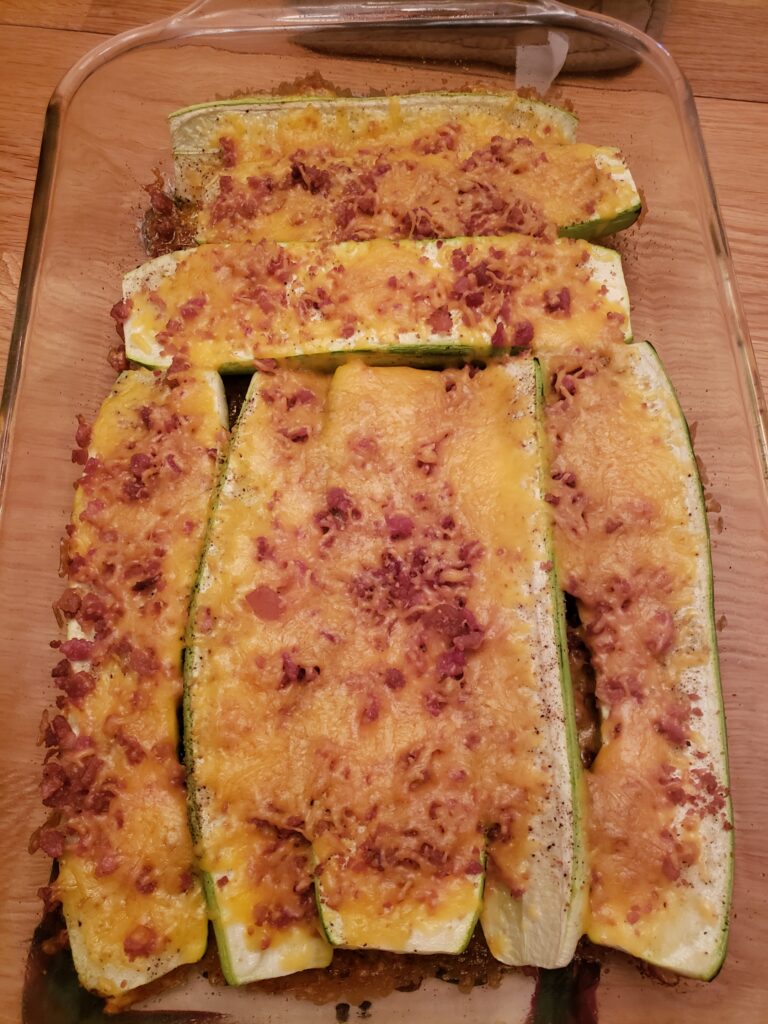 Cheesy Bacon Baked Squash in baking dish