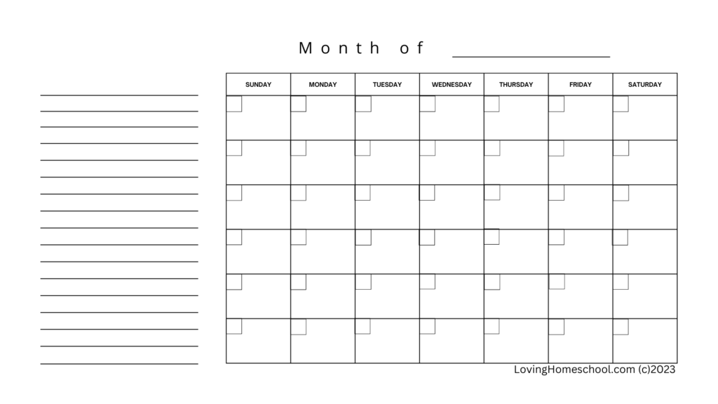 Monthly Meal Plan with extra lines on side LH