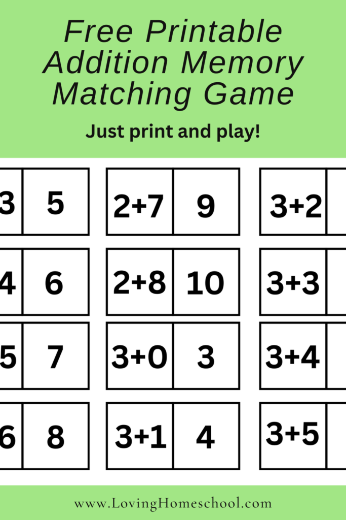 Free Printable Addition Memory Matching Game Pinterest Pin