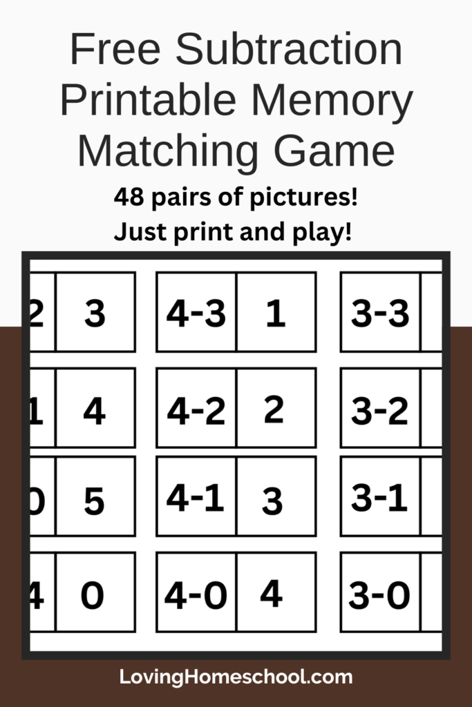 Free Subtraction Printable Memory Matching Game Pinterest Pin