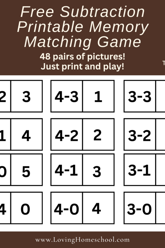 Free Subtraction Printable Memory Matching Game Pinterest Pin