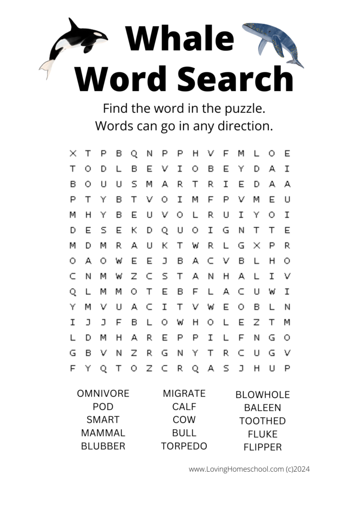 Whale Word Search for older kids