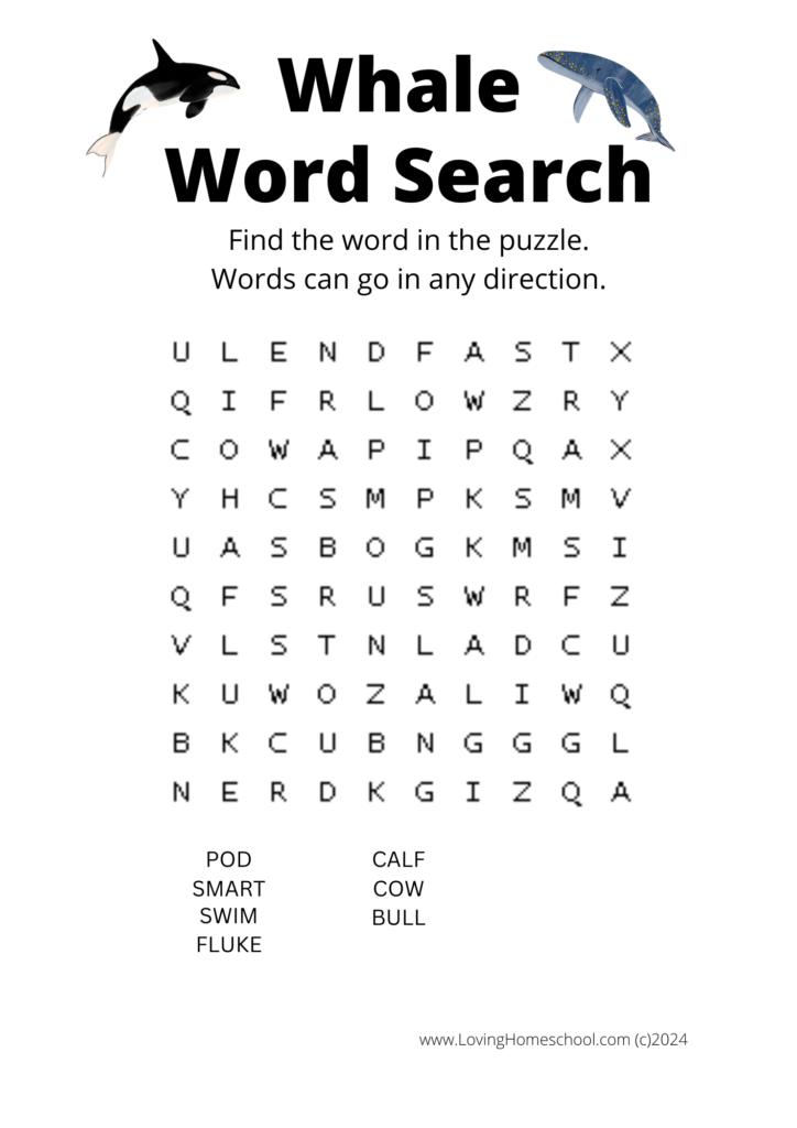 Whale Word Search for younger kids