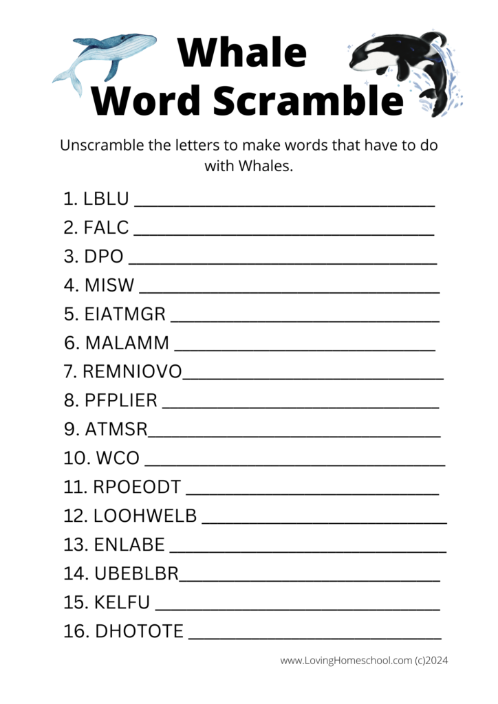 Whale Word Scramble for older kids