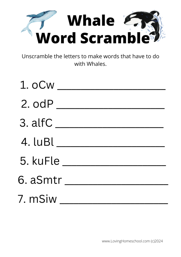 Whale Word Scramble for younger kids