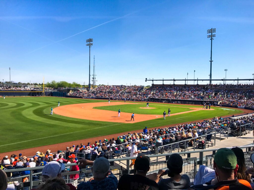 looking out at an outdoor baseball field over third base