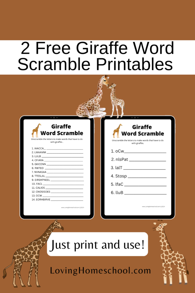 2 Free Giraffe Word Scramble Printables Pinterest Pin