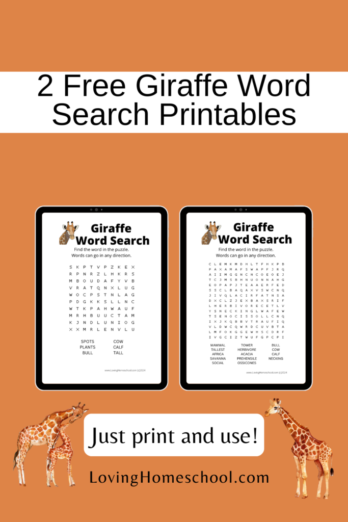 2 Free Giraffe Word Search Printables Pinterest Pin