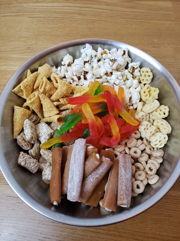 Farm Animal Trail Mix ingredients in mixing bowl