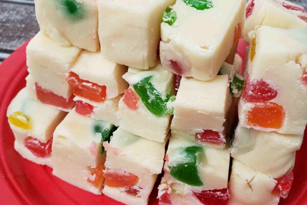 gumdrop fudge piled on a red plate