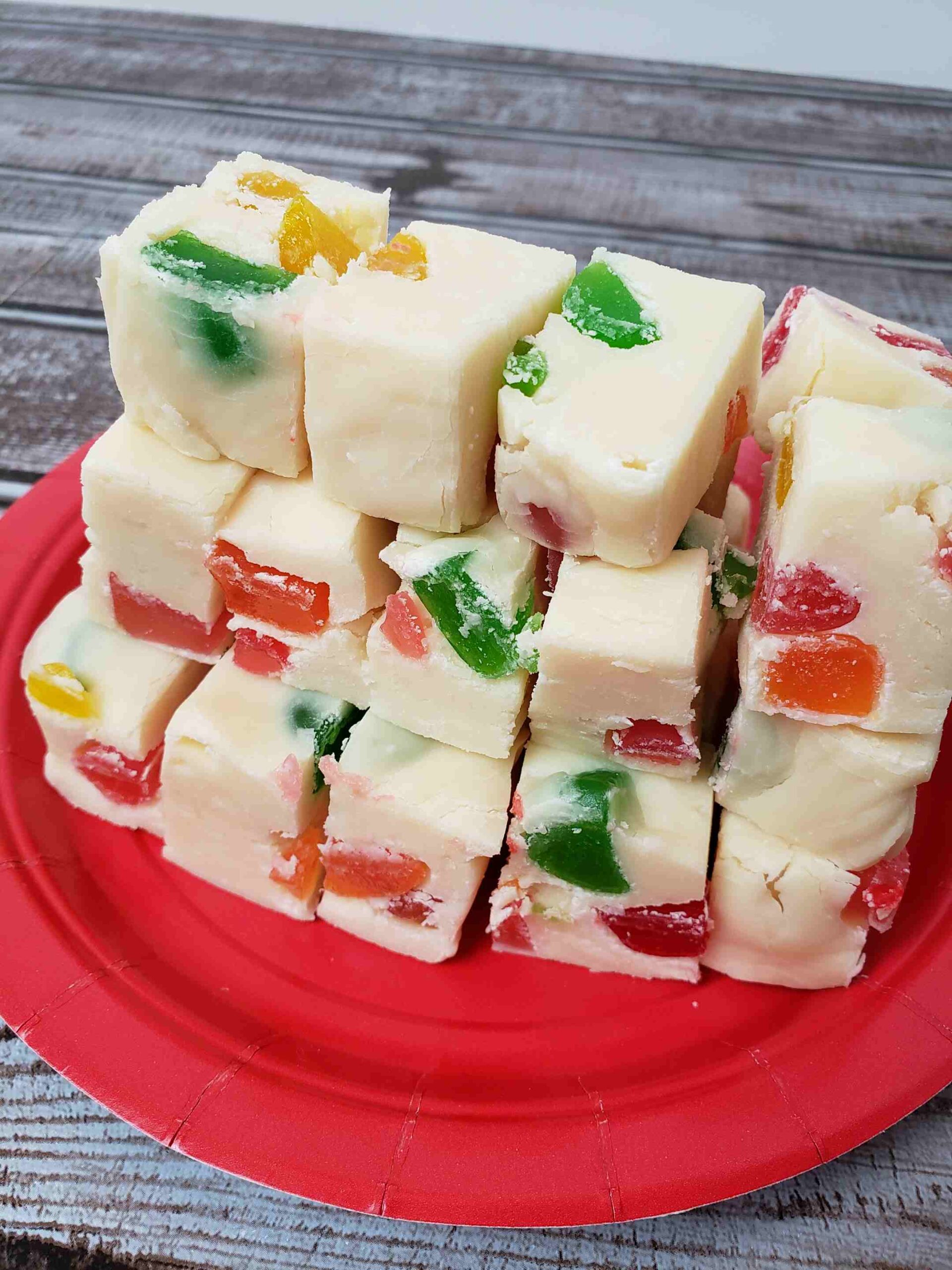 gumdrop fudge piled on a red plate