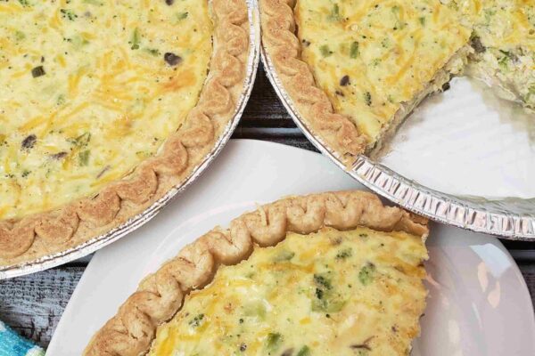 Chicken Broccoli Quiche piece of chicken broccoli quiche on white plate