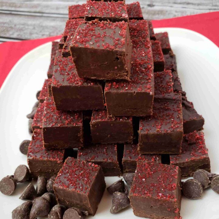 Dark chocolate raspberry fudge on plate