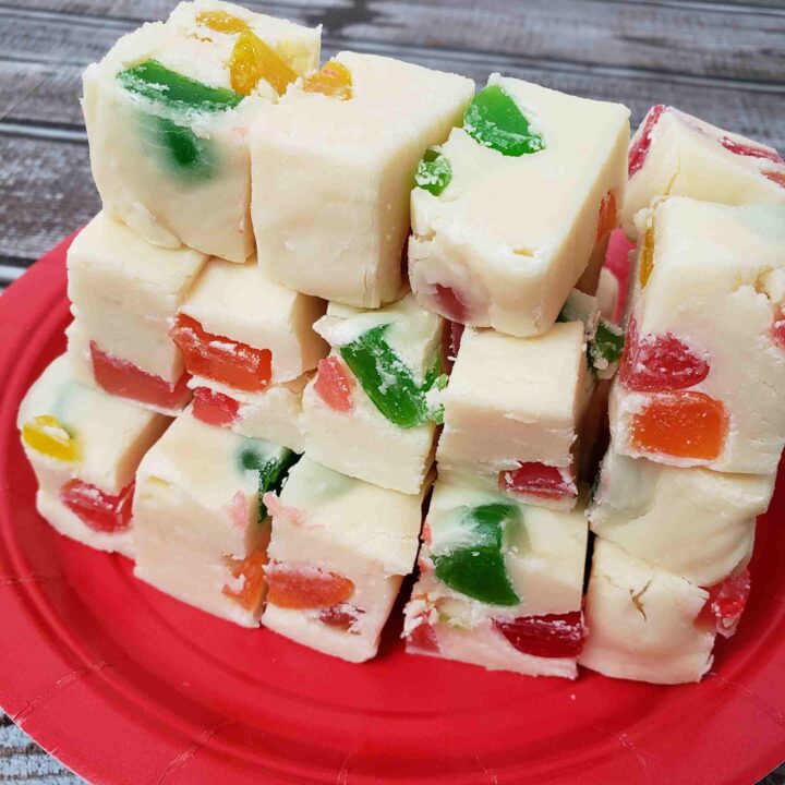 gumdrop fudge piled on a red plate