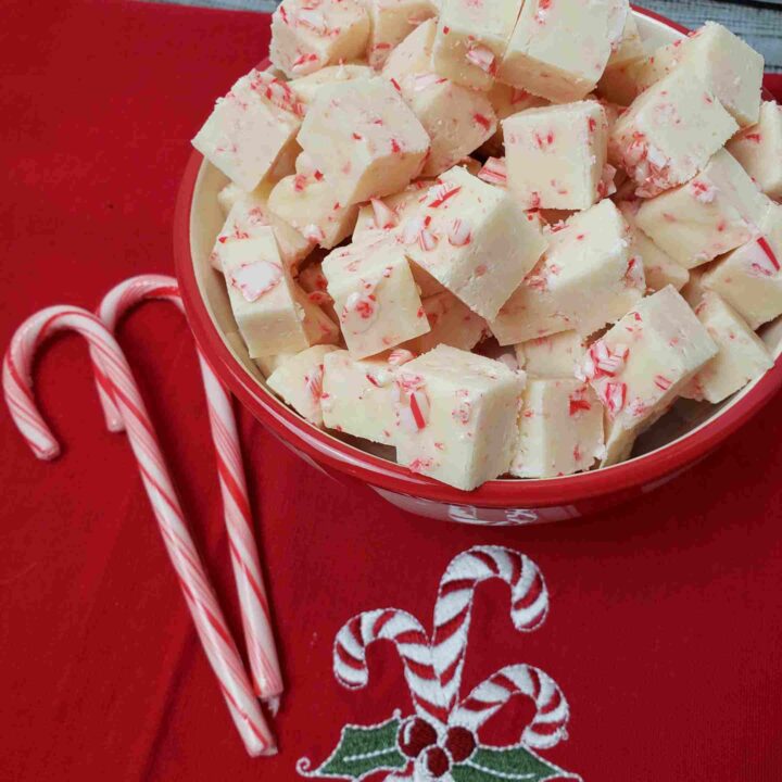 peppermint candy cane fudge on red cloth in pretty bowl