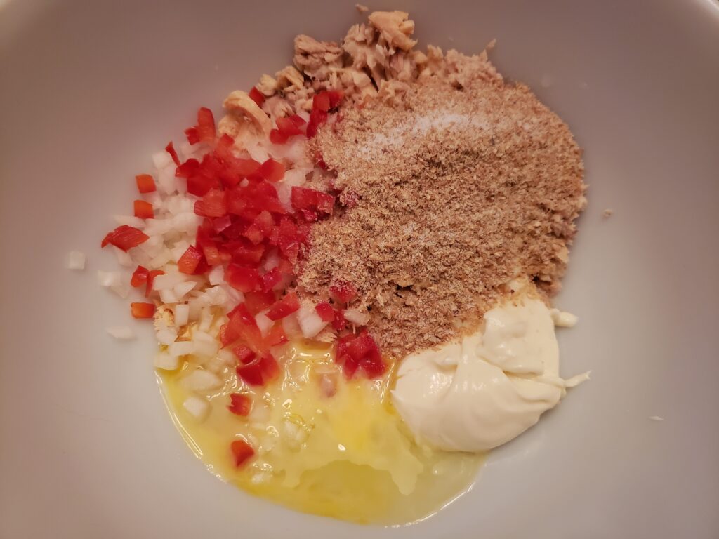 ingredients for gluten free salmon cakes in bowl