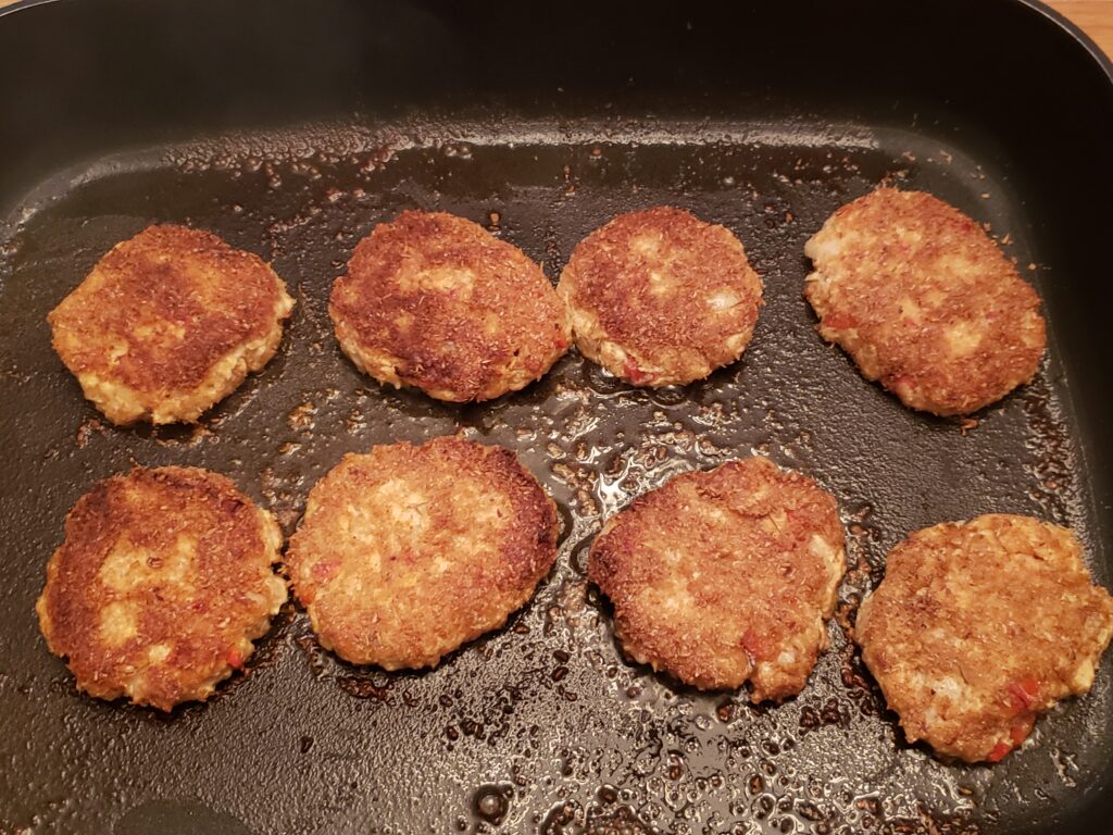 8 salmon cakes just about finished cooking