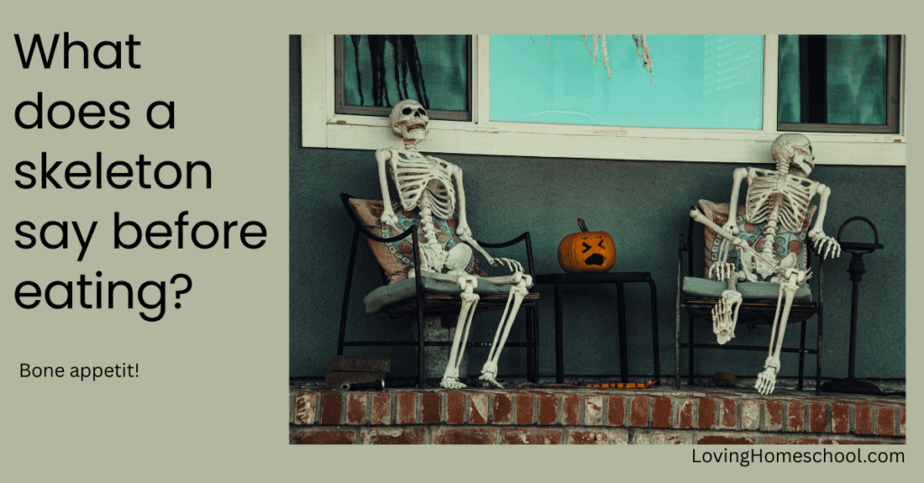 A halloween picture and the joke What does a skeleton say before eating