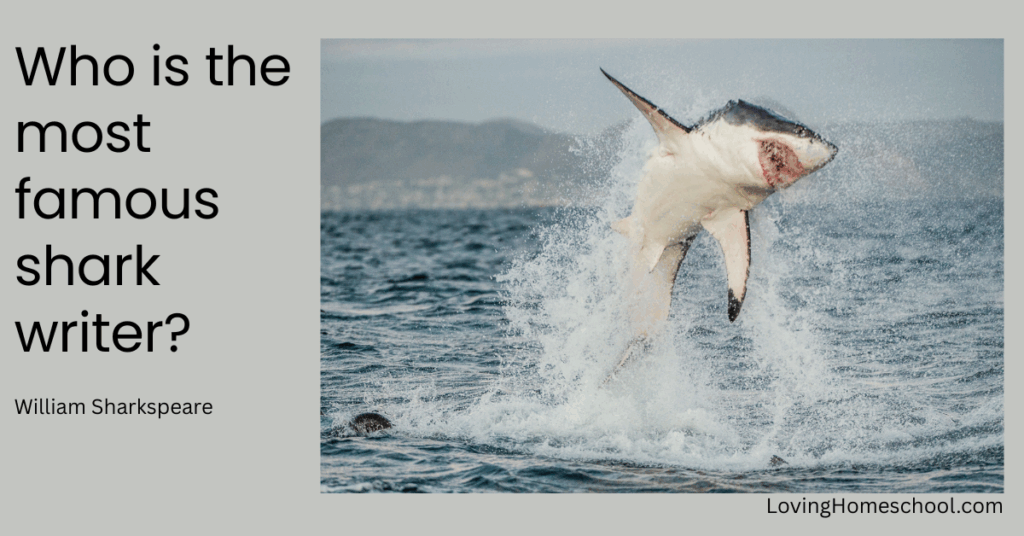 A picture of a shark and the joke Who is the most famous shark writer