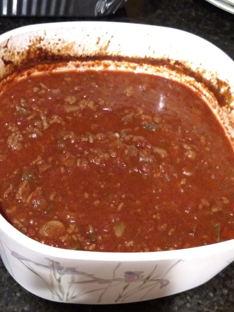 low carb slow cooker chili in slow cooker after cooking