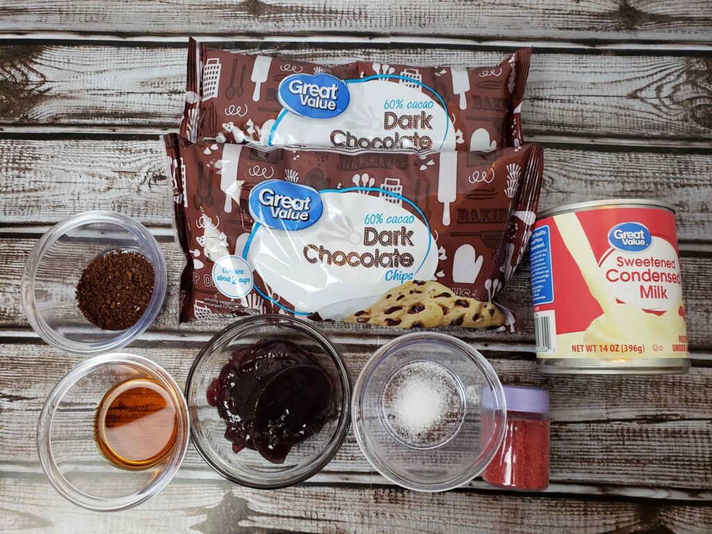 Ingredients for dark chocolate raspberry fudge