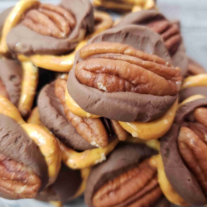 caramel pretzel turtles in glass bowl