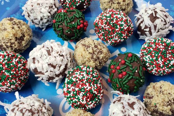 chocolate truffles on christmassy plate