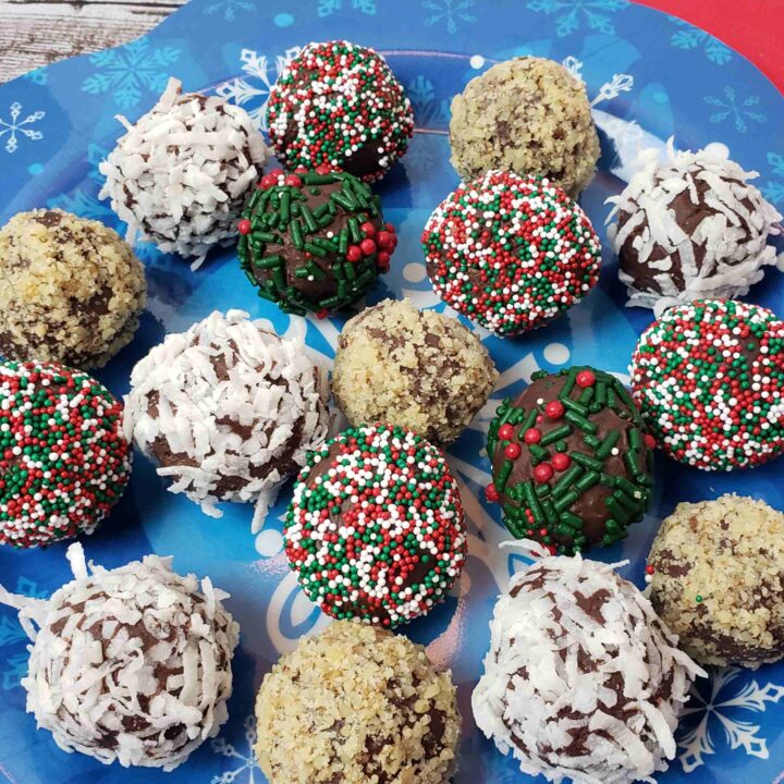 chocolate truffles on christmassy plate
