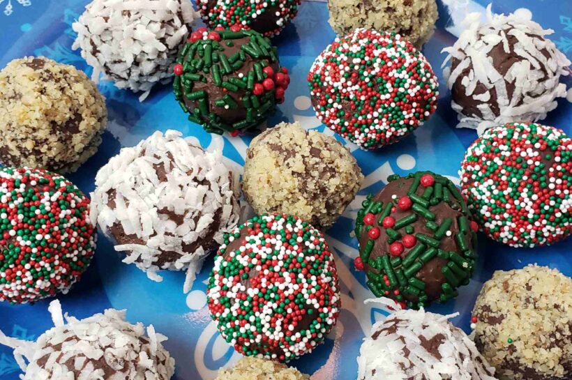 chocolate truffles on christmassy plate