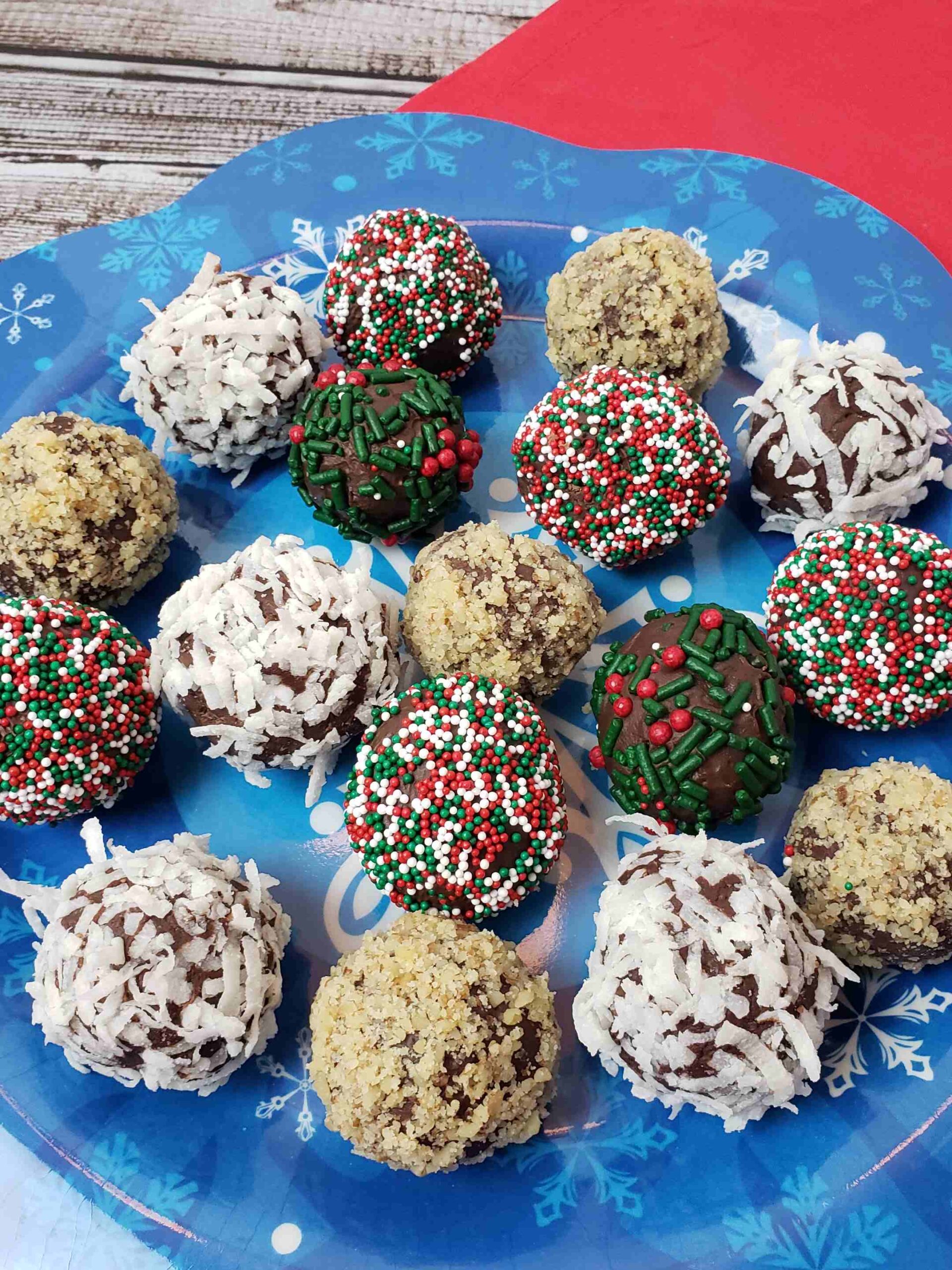 chocolate truffles on christmassy plate