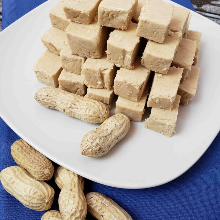 peanut butter and fluff fudge on white plate with blue napkin