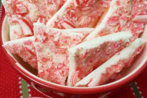 peppermint candy cane bark in festive bowl