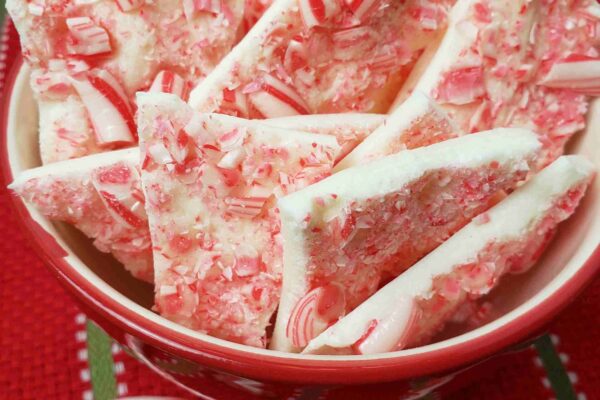 peppermint candy cane bark in festive bowl