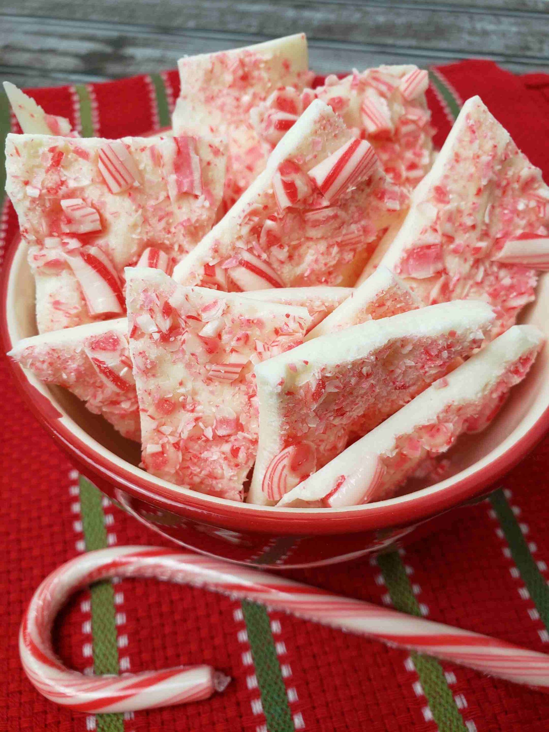 peppermint candy cane bark in festive bowl