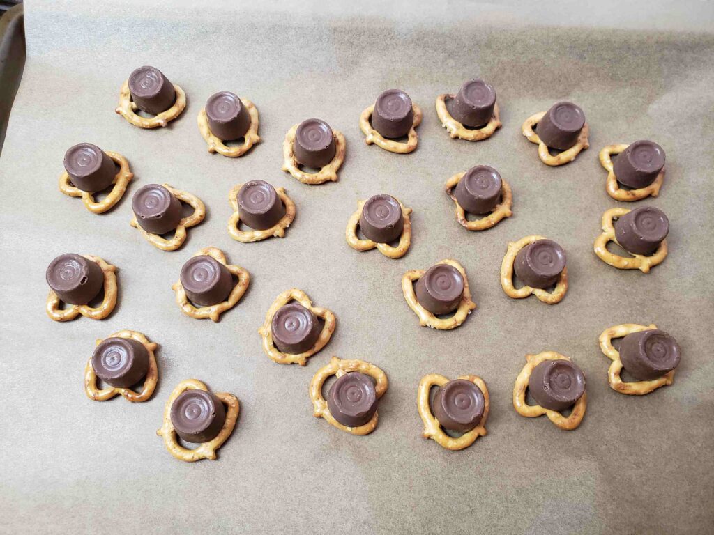 rolo candy on top of pretzels