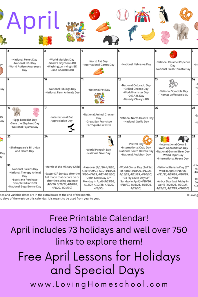Free April Lessons for Holidays and Special Days Pinterest Pin
