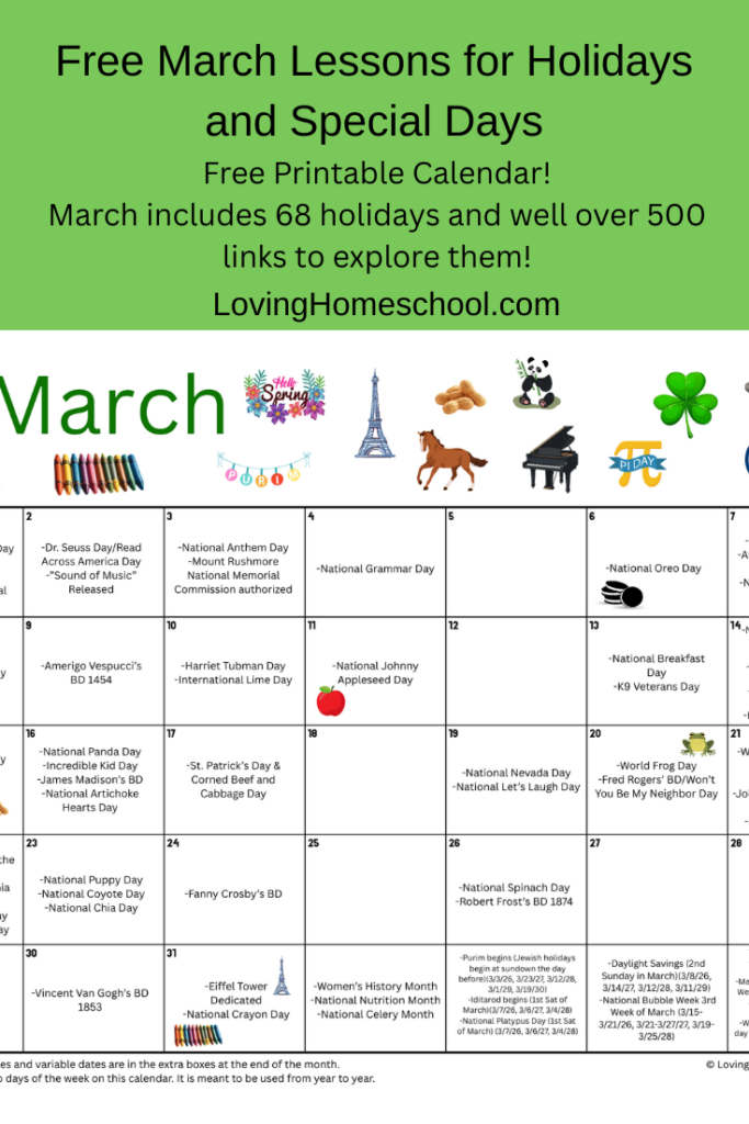 Free March Lessons for Holidays and Special Days Pinterest Pin