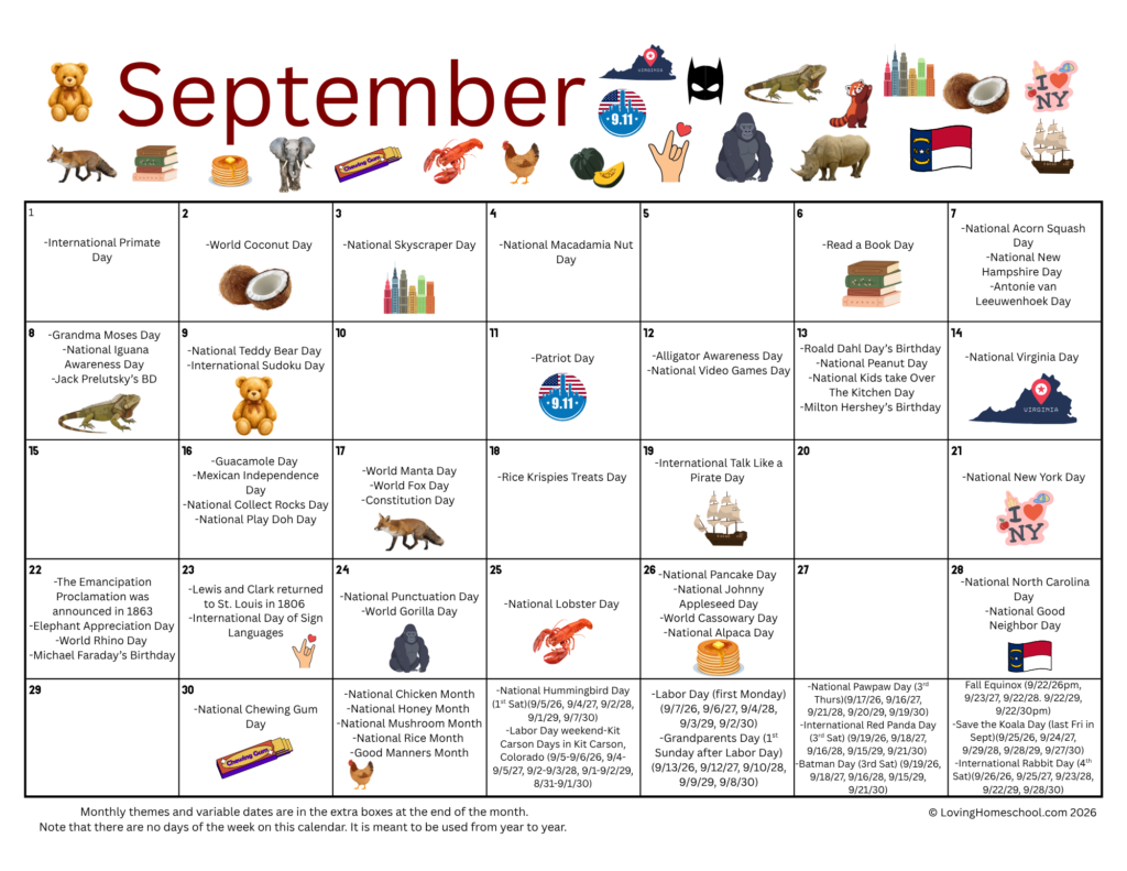 Free September Lessons for Holidays and Special Days Calendar
